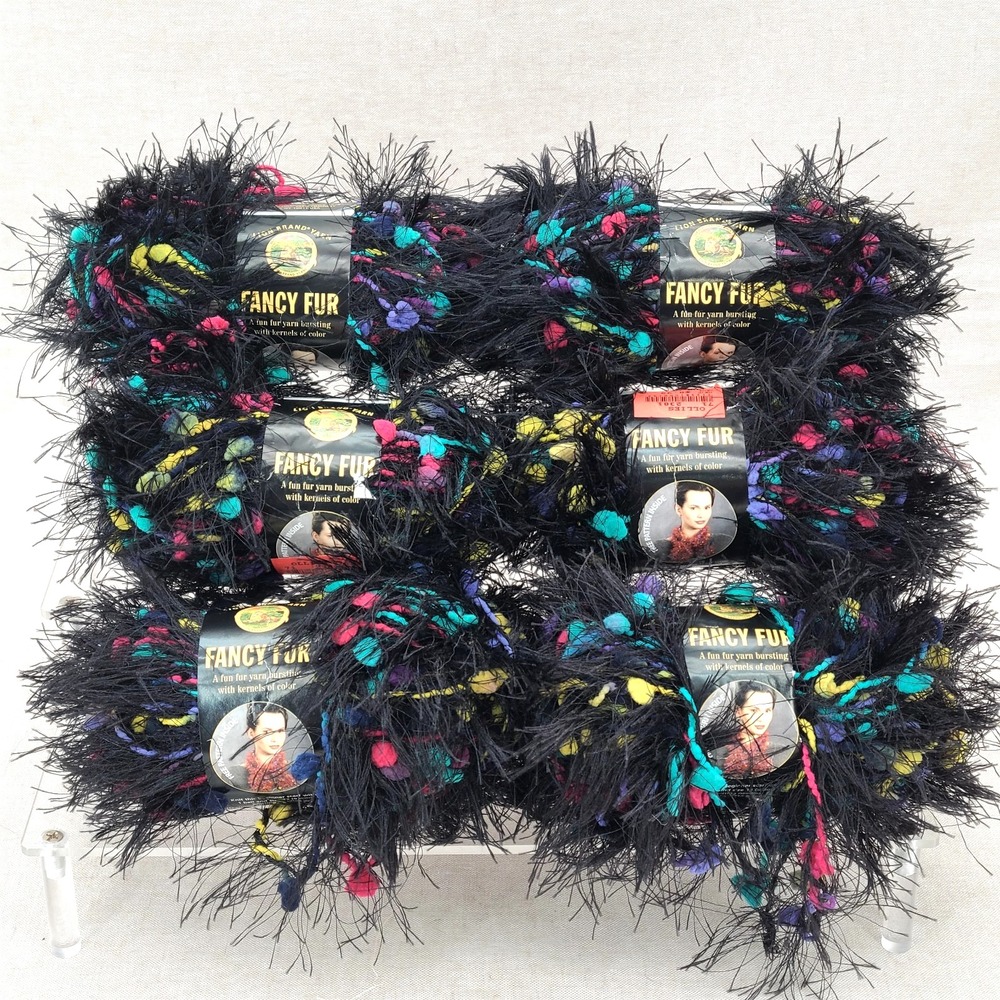 Lot of 6 Lion Eyelash Fancy Fur Yarn Skeins Bold Black w/ Multi Color Kernels